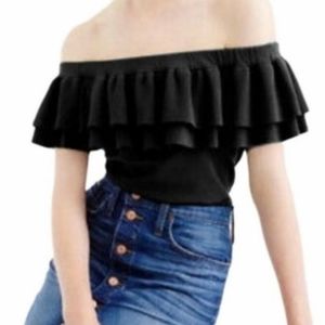 J. Crew Short Sleeve Knit Top Size XS Black Sexy Off The Shoulder Ruffle Sweater